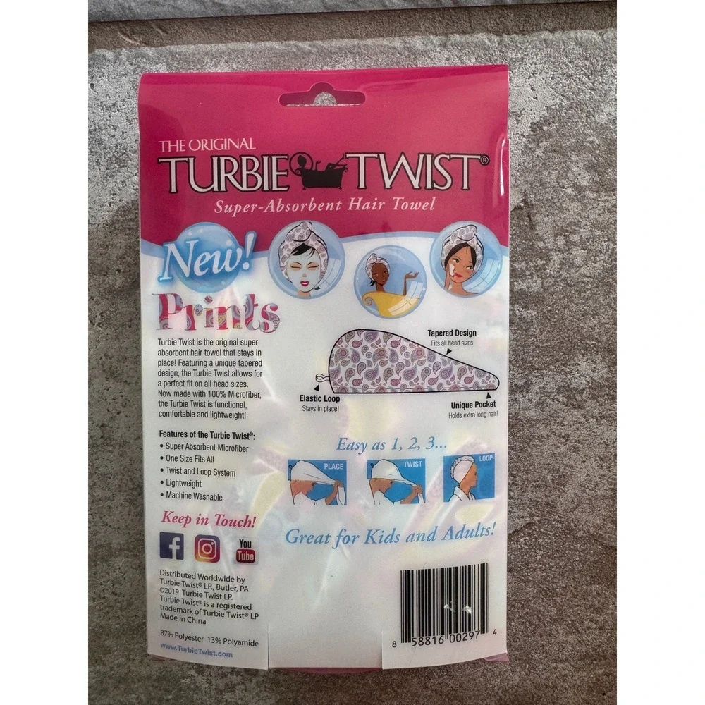 Turbie Twist Microfiber Hair Towel Wrap Pink Purple Paisley Print One Size New